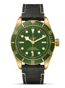 A yellow gold TUDOR Black Bay 58 watch with a green dial, available at La Différence Time Centre.