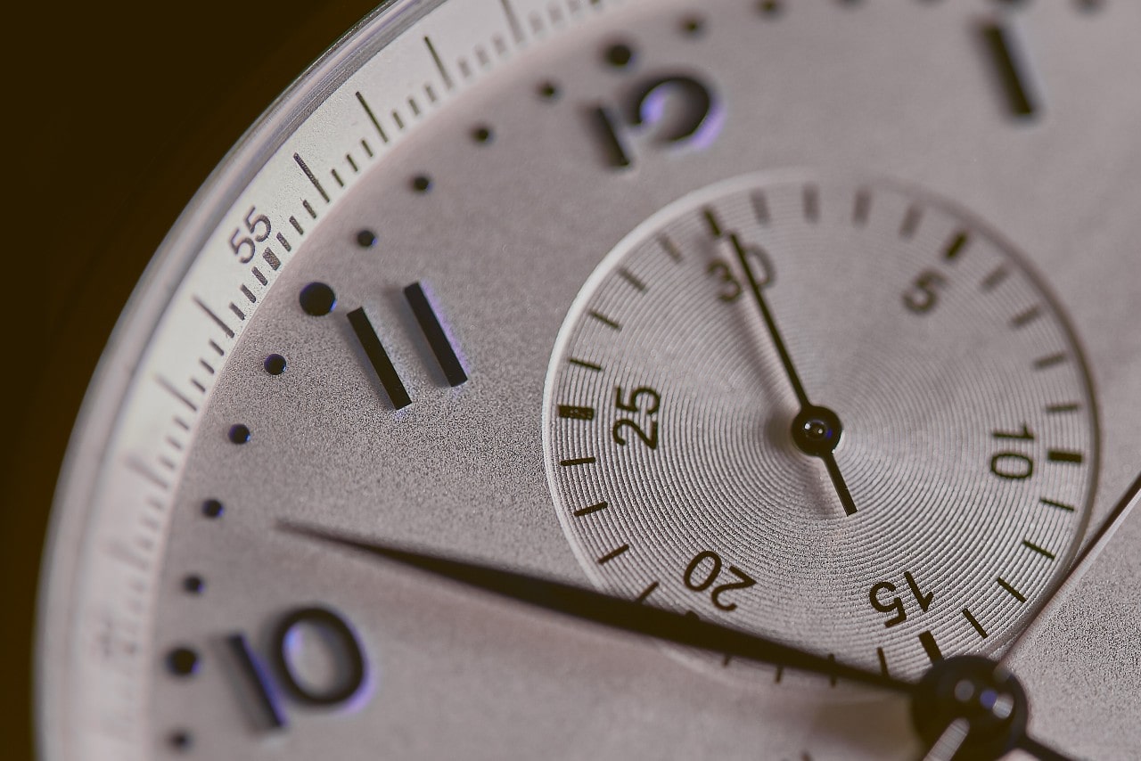 A close-up of a watch’s face, with multiple complications.