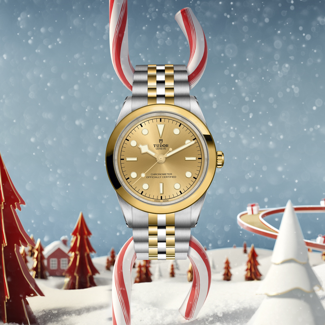 A close-up of a TUDOR Black Bay 41 S&G watch held by candy canes on a festive backdrop.